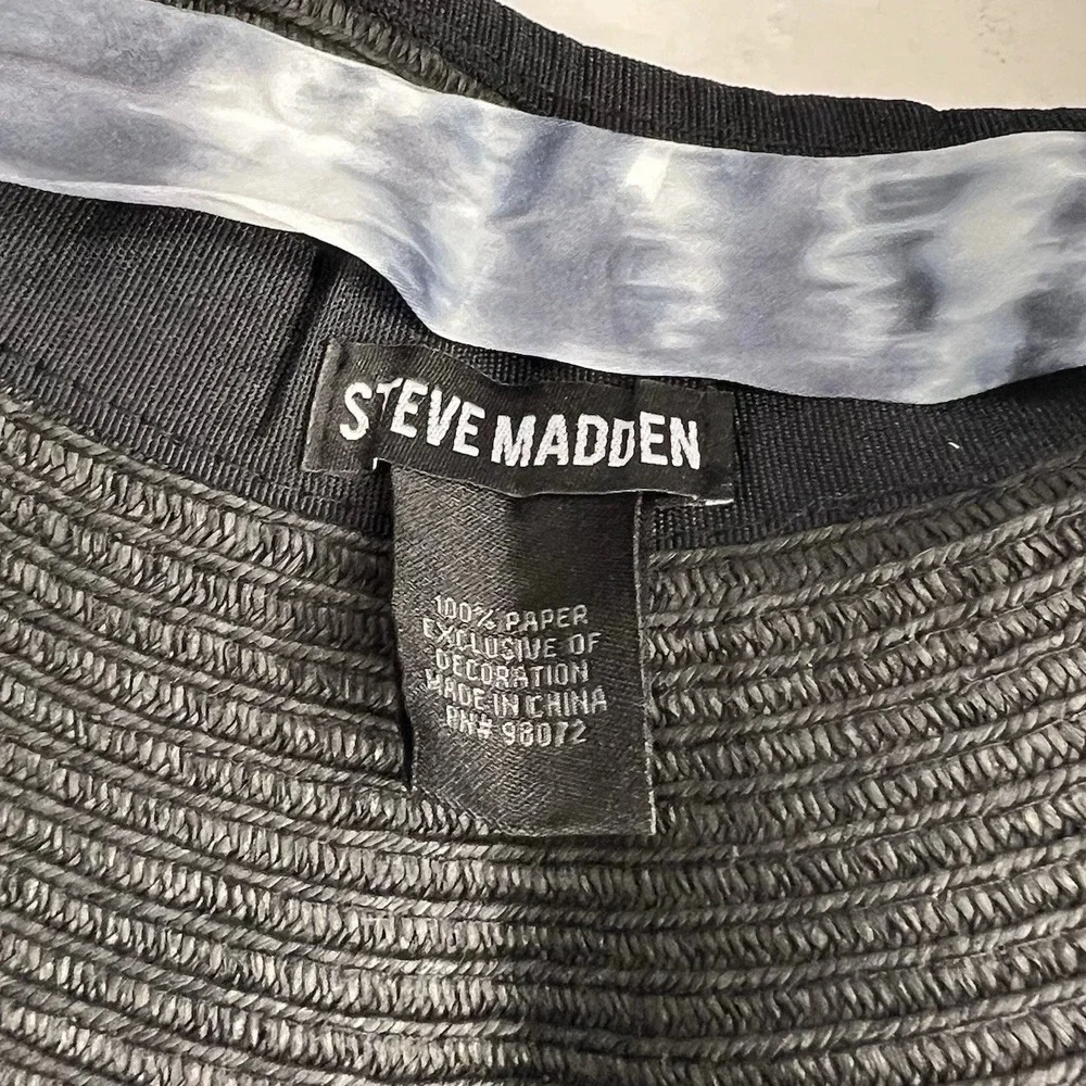 Steve Madden Womens‎ Black Wide Brim Sun Visor Hat Tie Dye Bow Adjustable Chic